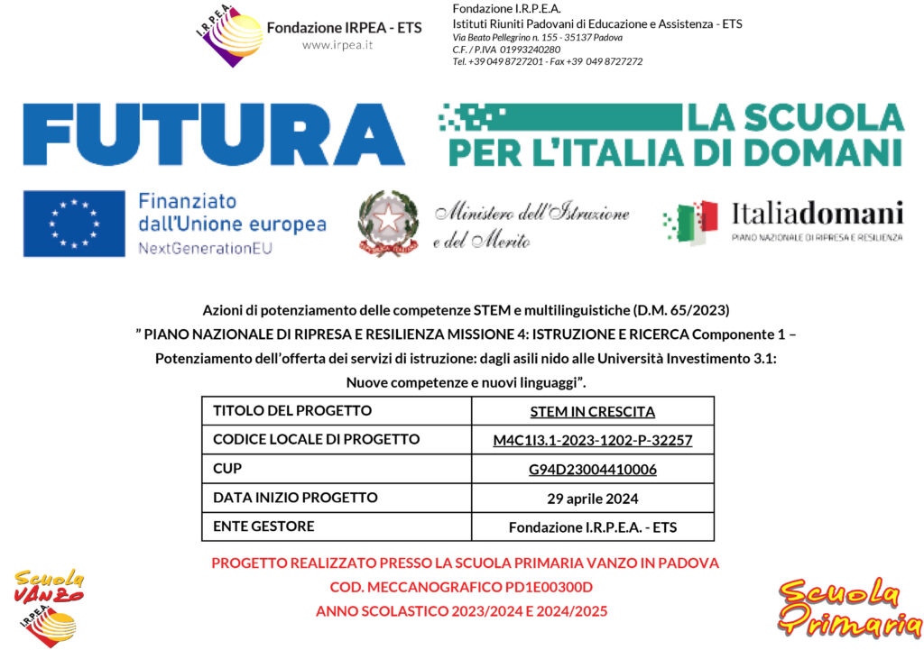 Il 29 aprile 2024 viene avviato, presso la Scuola primaria Vanzo, il progetto “STEM IN CRESCITA” finanziato dal PNRR nell’ambito denominato “Azioni di potenziamento delle competenze STEM e multilinguistiche (D.M. 65/2023)”.